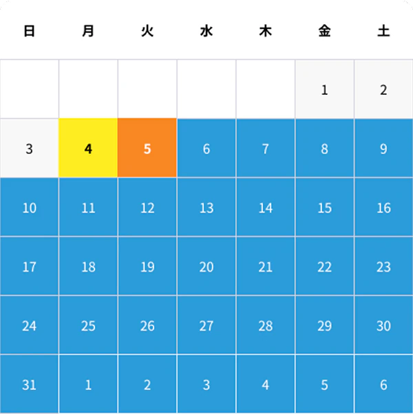 5月のカレンダー。4日が御社到着、5日が予備日、6日以降が月額レンタル料金開始期間